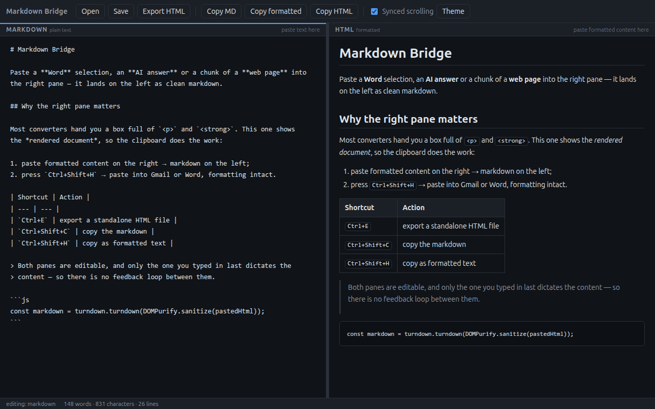 Markdown Bridge — a two-pane editor